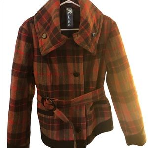 Plaid Coat by Pudding XL (fits small) lined, 10% wool, red and black